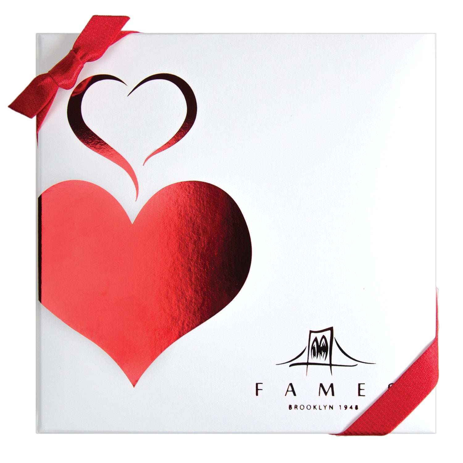 Fames Assorted Chocolate Gift Box with red bow, showcasing 16 dairy-free chocolates in elegant packaging.