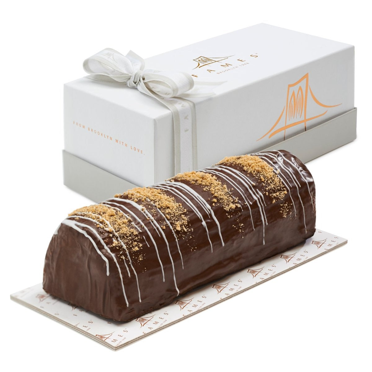 Fames Chocolates Truffle Halva Chocolate Log in an elegant gift box, showcasing its rich chocolate and cashew crunch topping.