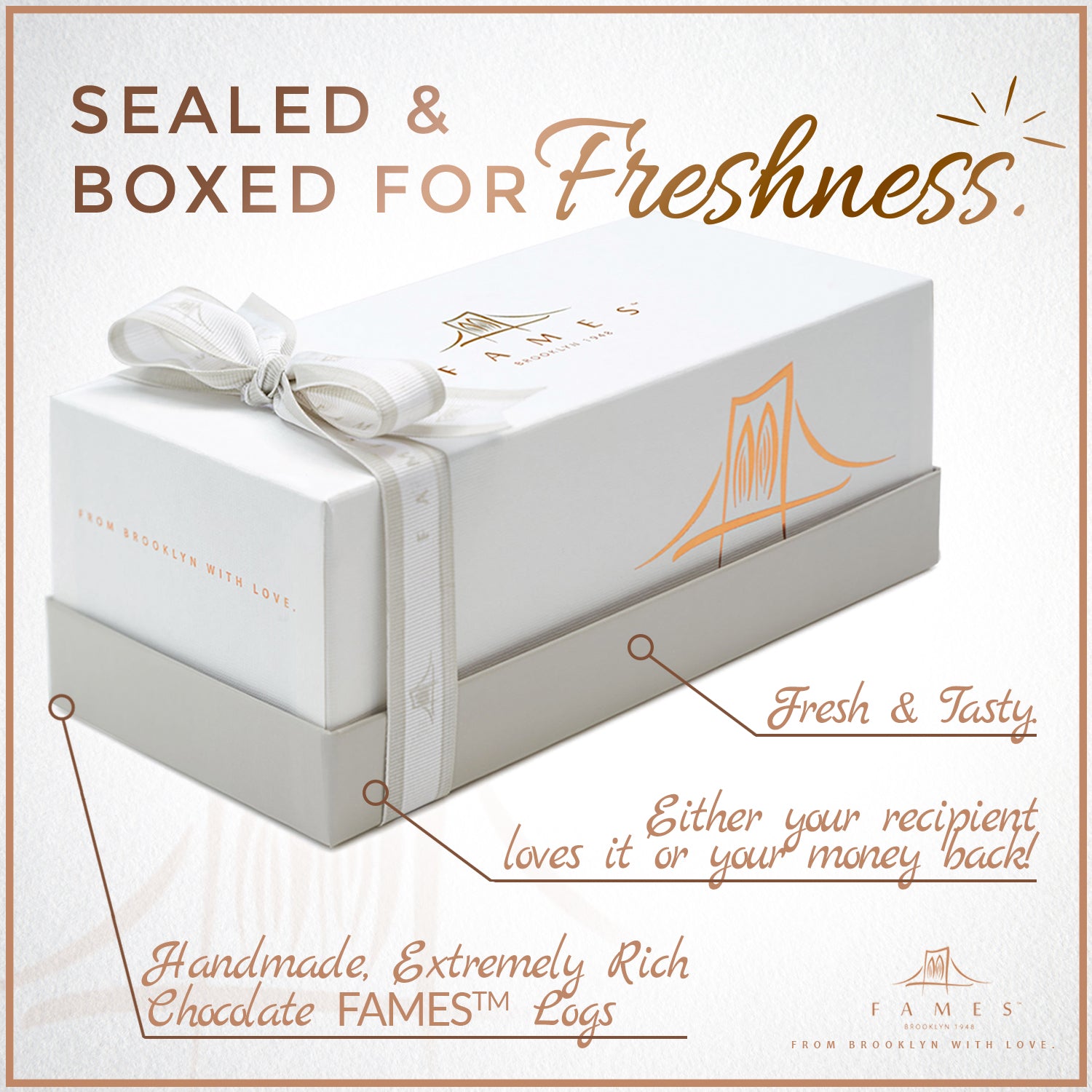 Fames Chocolates Truffle Halva Chocolate Log in an elegant gift box, showcasing its rich chocolate and cashew crunch topping.