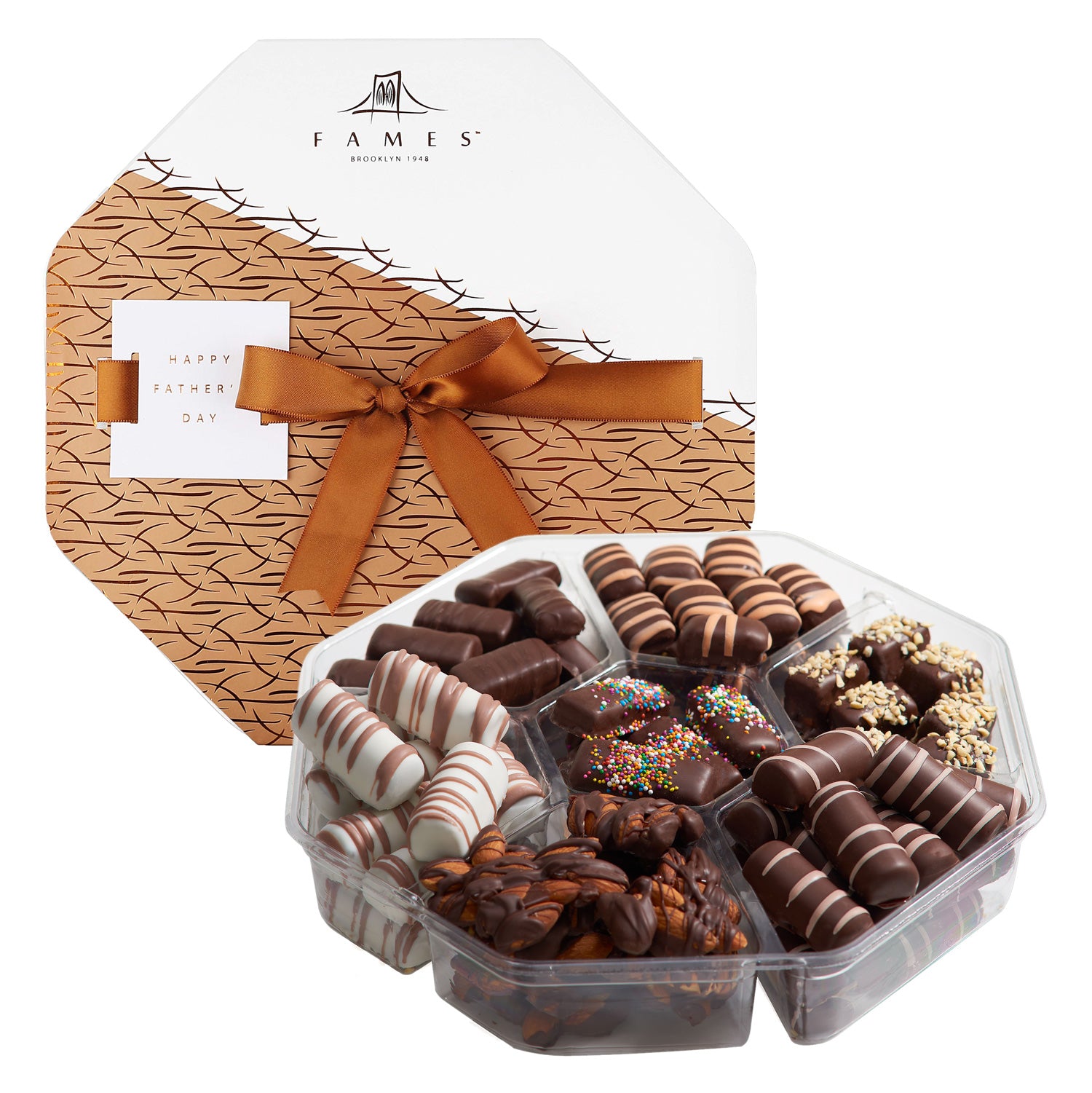 Fames Chocolatier Seventh Heaven Assortment featuring assorted gourmet chocolates including almond patties, truffles, and fruit sticks.