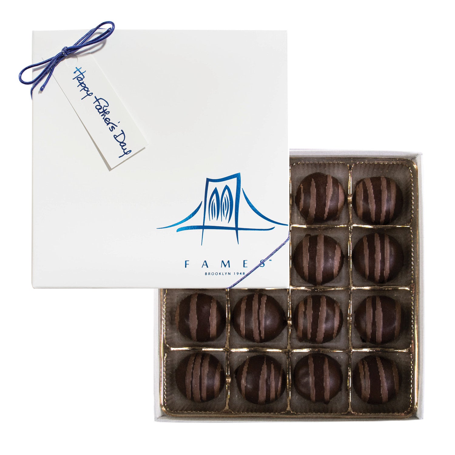 Father's Day Chocolate Truffle Gift Box containing 16 dairy-free truffles with dark chocolate, praline, and roasted hazelnuts.