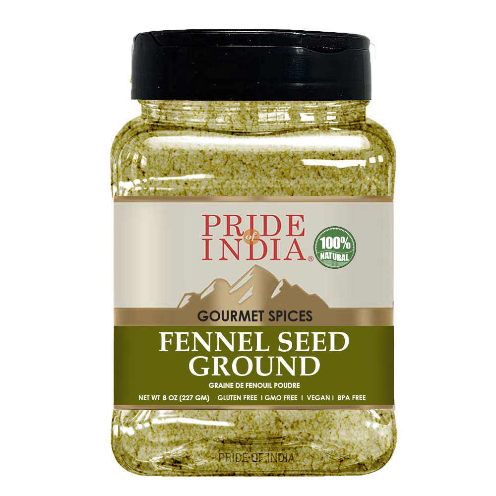 A package of Fennel Seed Ground - 8 oz, showcasing its natural color and texture, ideal for enhancing culinary dishes.