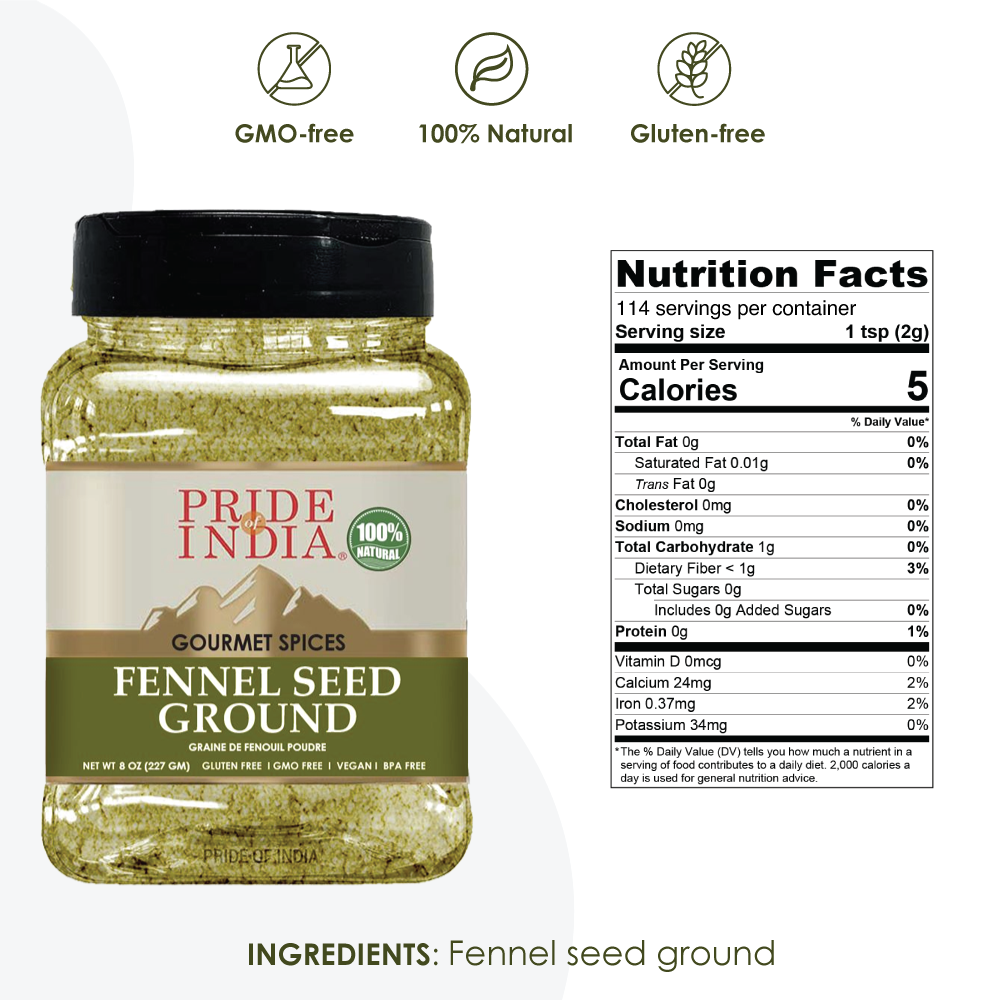 A package of Fennel Seed Ground - 8 oz, showcasing its natural color and texture, ideal for enhancing culinary dishes.