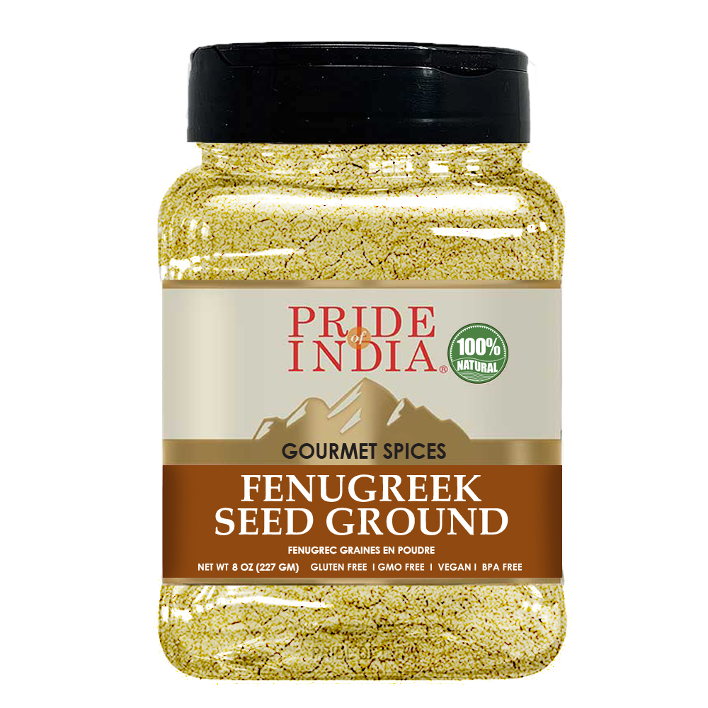 A package of Pride of India Fenugreek Seed Ground - 8 oz, showcasing its rich brown color and fine texture, ideal for enhancing dishes.