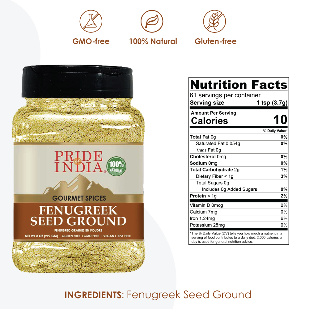 A package of Pride of India Fenugreek Seed Ground - 8 oz, showcasing its rich brown color and fine texture, ideal for enhancing dishes.