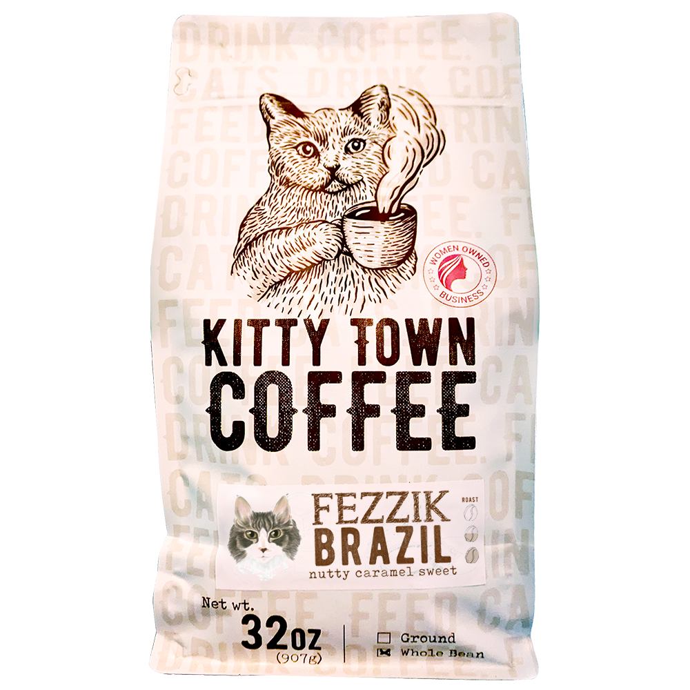 A bag of Fezzik Medium Roast coffee from Brazil, showcasing its rich, earthy design and hints of dark cocoa.