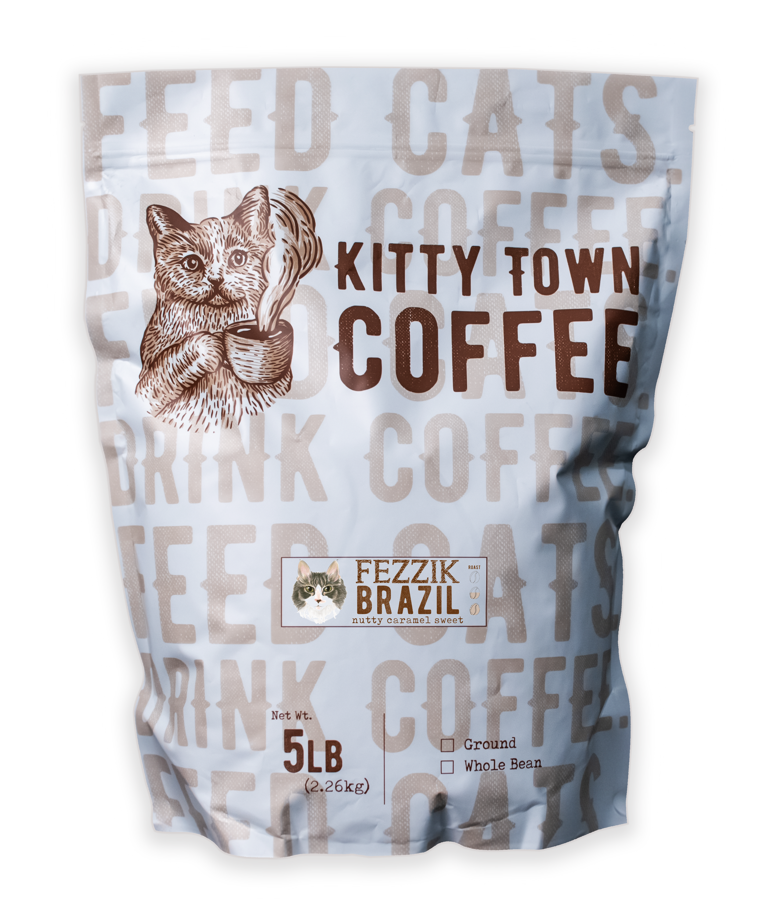 A bag of Fezzik Medium Roast coffee from Brazil, showcasing its rich, earthy design and hints of dark cocoa.