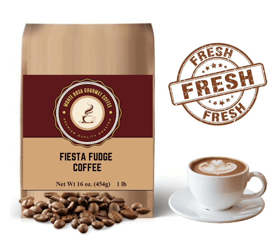 A bag of Fiesta Fudge Flavored Coffee featuring rich fudge and Mexican liqueur flavors, perfect for indulgent coffee moments.