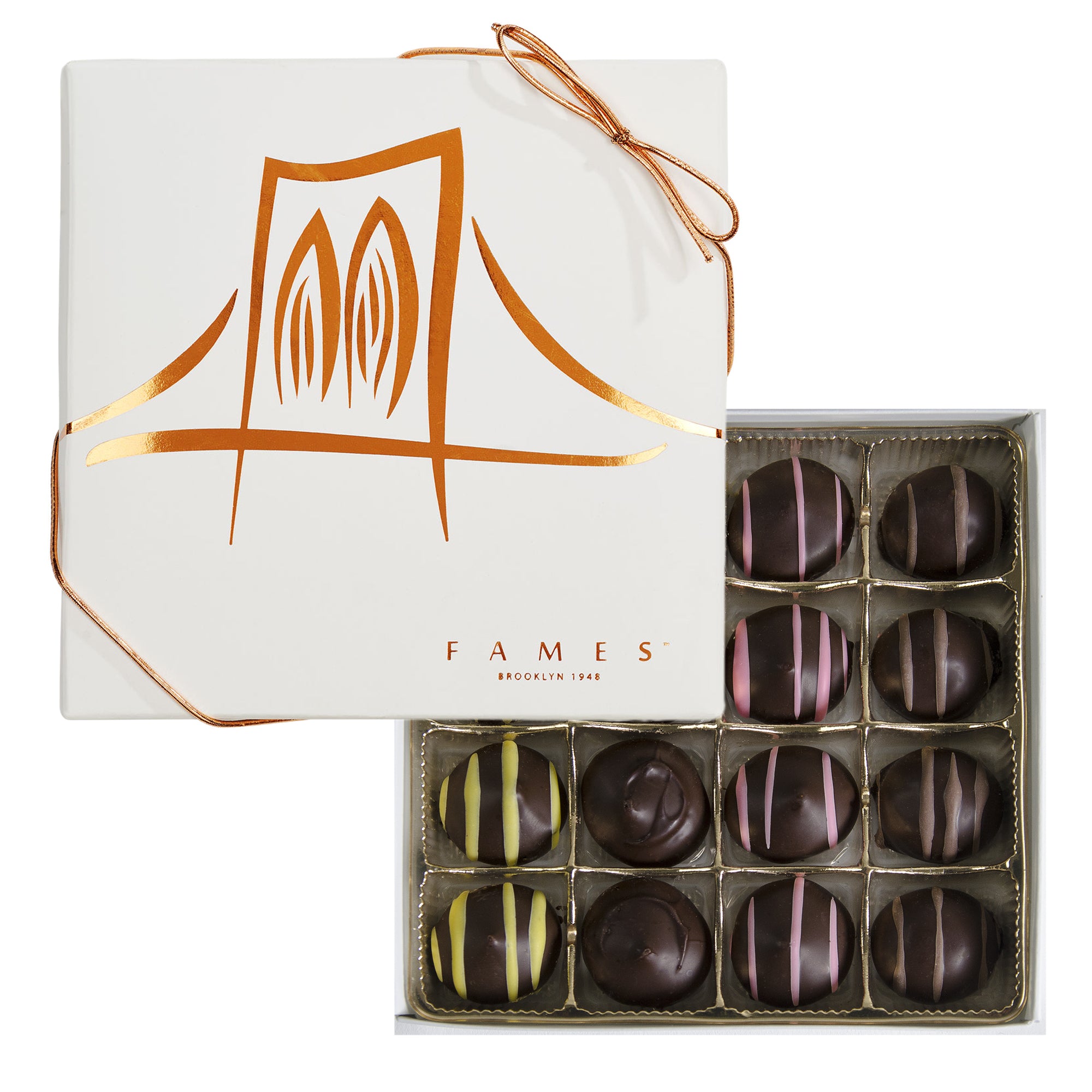 Fine Chocolate Gift Box containing 16 dairy-free chocolates in elegant packaging, featuring Hazelnut Truffles, Super Berry, Marzipan Dessert, and Lemon Zest.