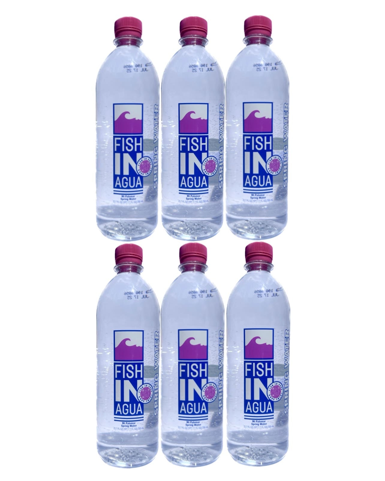 A 23.7 FL OZ bottle of FISHINAGUA Bottled Natural Spring Water from Mt. Palomar, showcasing its clear liquid and sleek design.