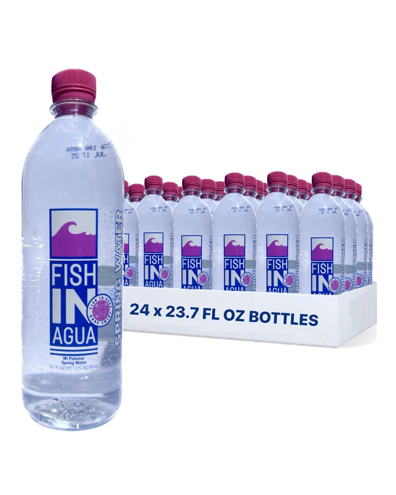 A 23.7 FL OZ bottle of FISHINAGUA Bottled Natural Spring Water from Mt. Palomar, showcasing its clear liquid and sleek design.