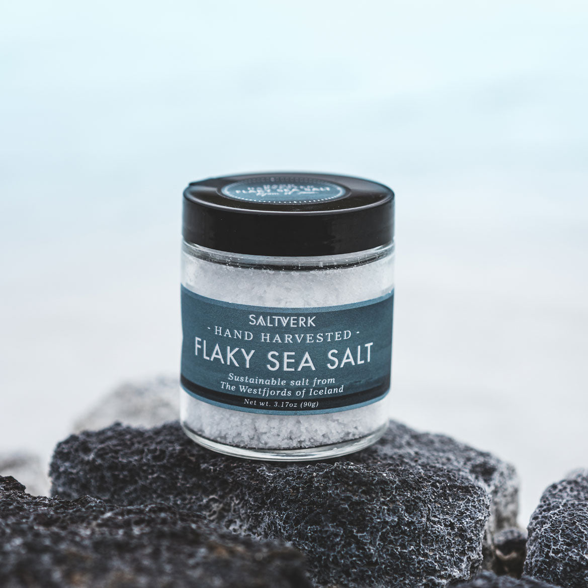 A close-up of Saltverk Flaky Sea Salt crystals, showcasing their unique flaky texture and natural mineral-rich appearance.