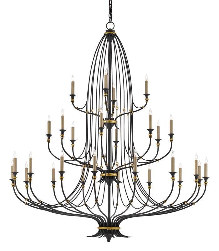 The Folgate Grande Chandelier featuring 28 lights, wrought iron construction in French black finish with gold leaf accents.