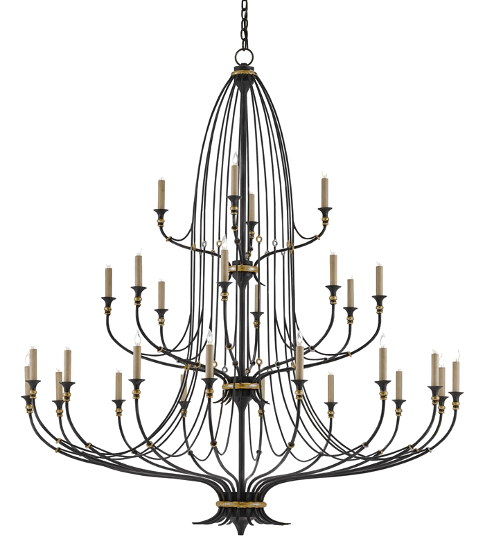 The Folgate Grande Chandelier featuring 28 lights, wrought iron construction in French black finish with gold leaf accents.