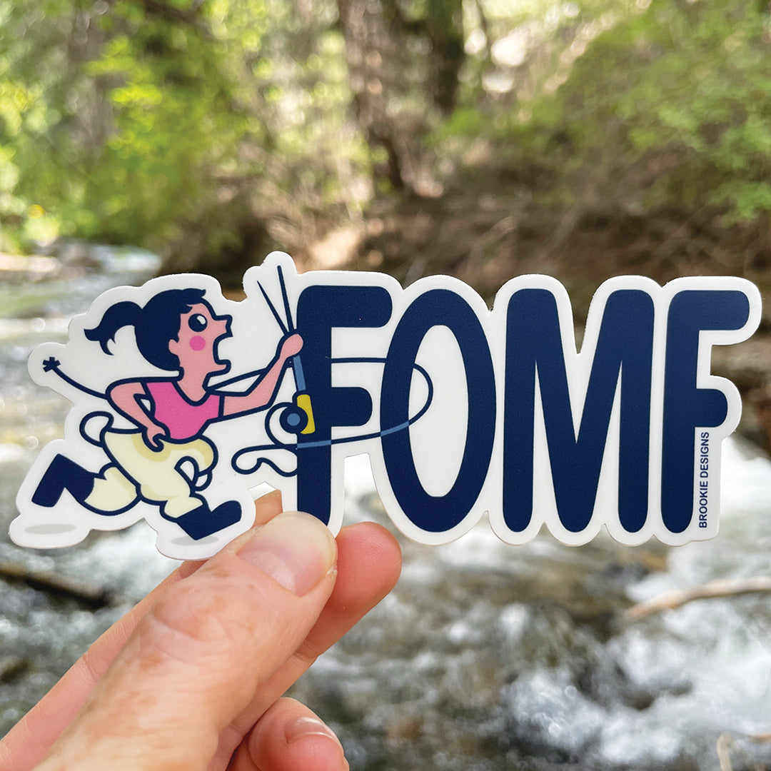 FOMF Sticker designed by Tania McCormack, featuring fishing-themed illustration, durable and waterproof.