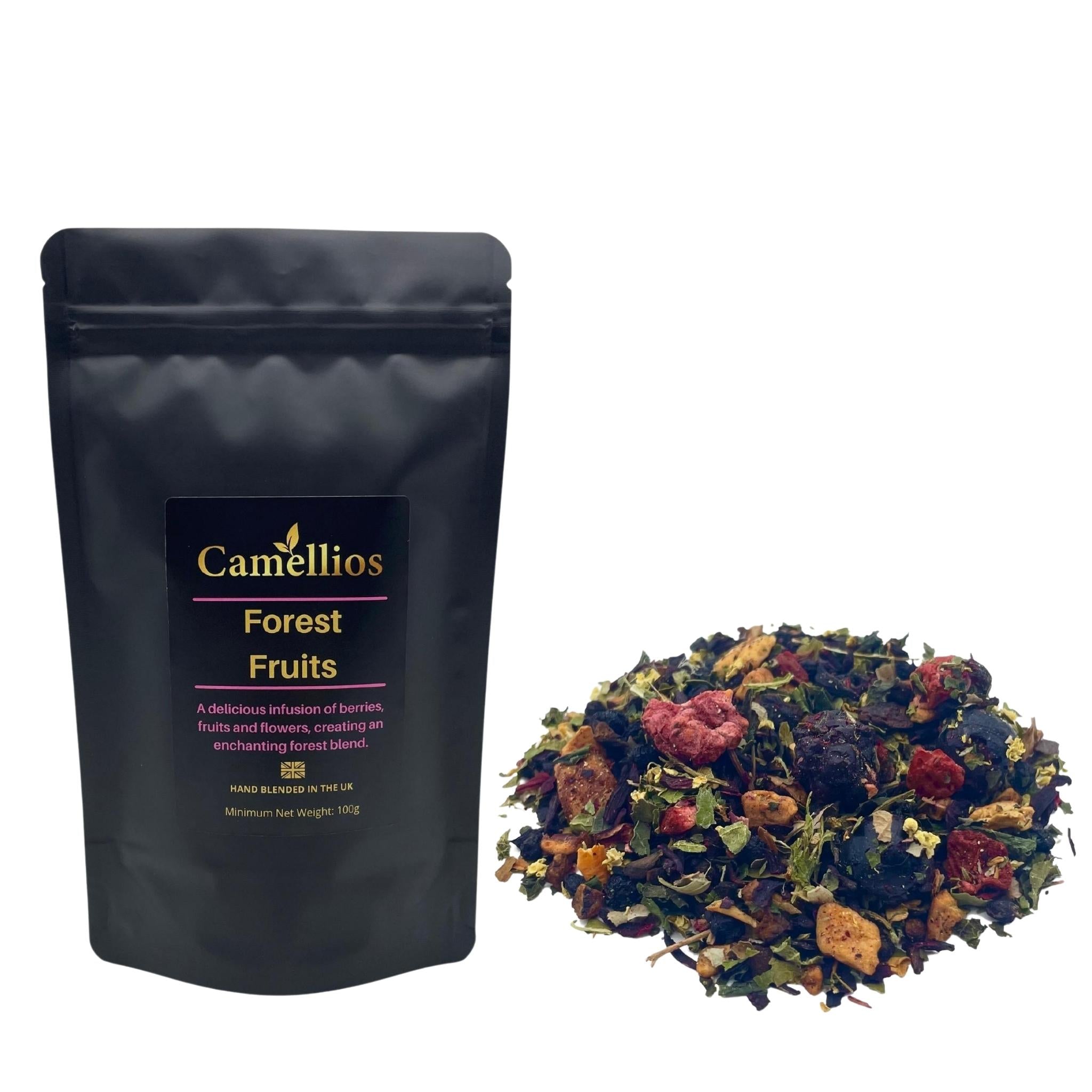 A vibrant blend of loose leaf tea featuring berries, fruits, and flowers, showcasing its colorful and natural ingredients.