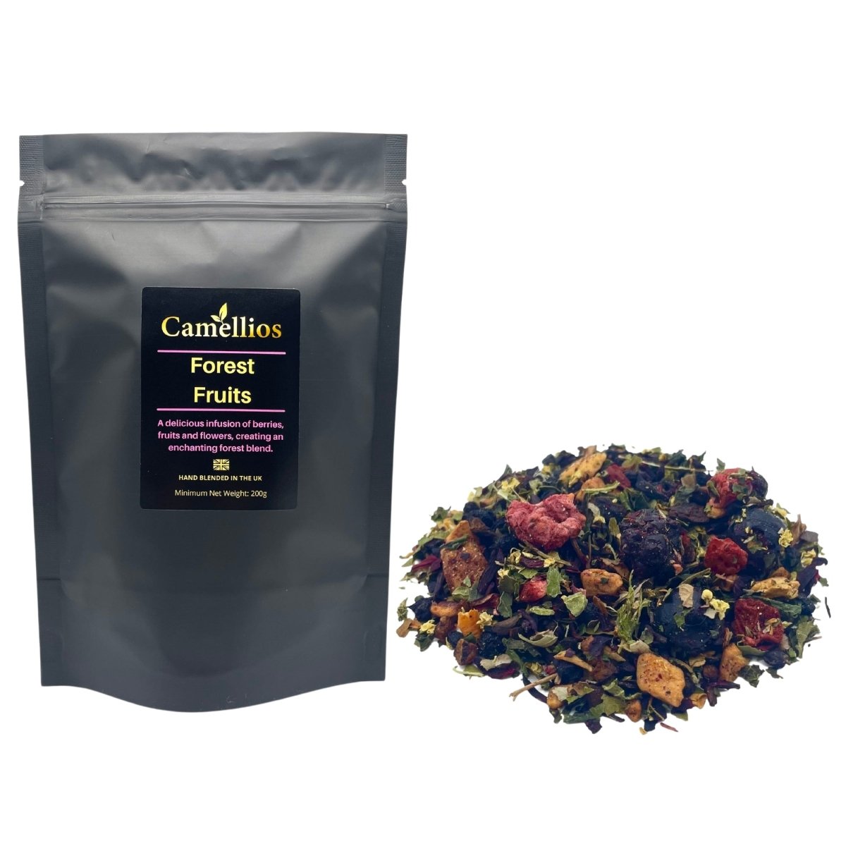 A vibrant blend of loose leaf tea featuring berries, fruits, and flowers, showcasing its colorful and natural ingredients.