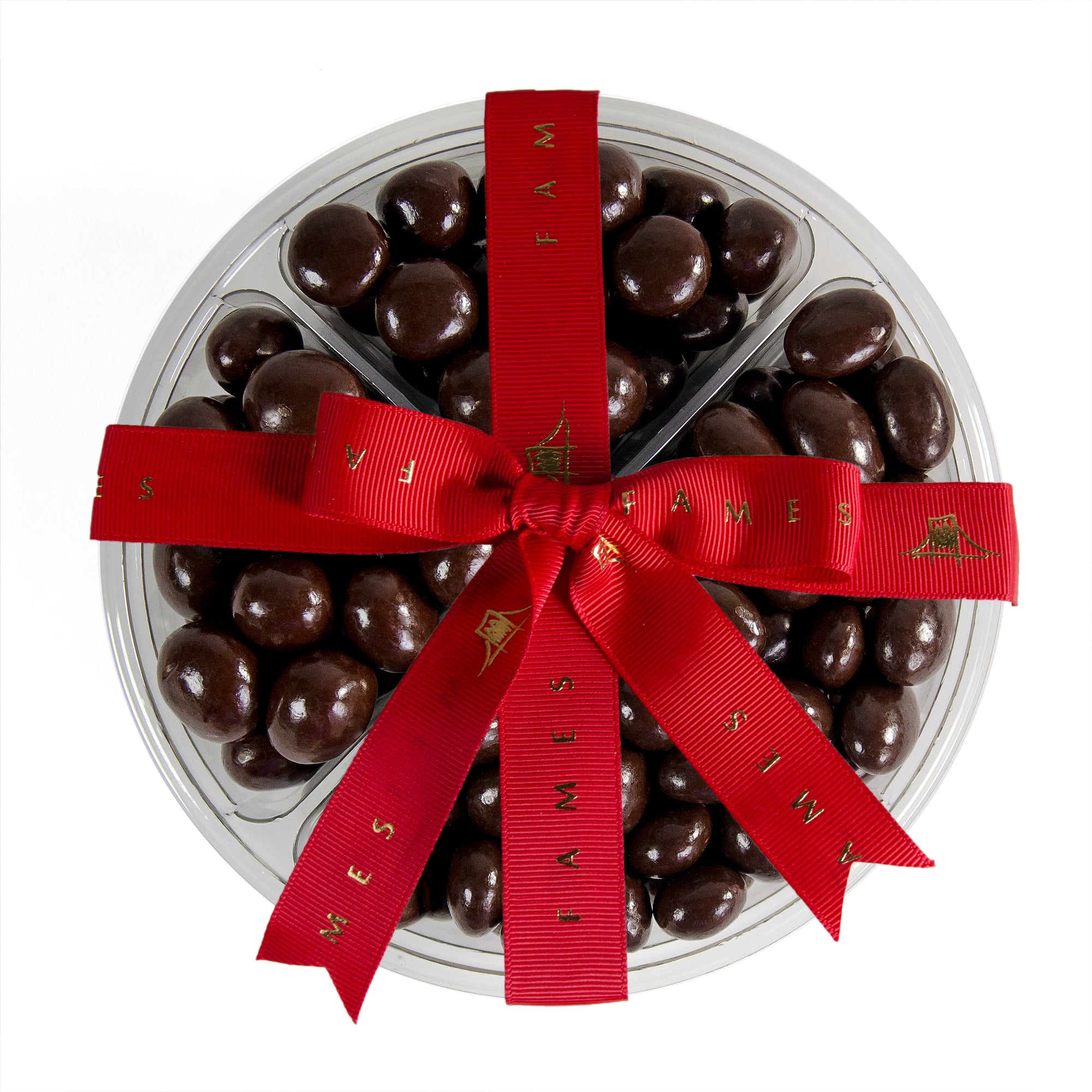 A beautifully arranged Four Sectional Chocolate Covered Mix featuring chocolate-covered almonds, truffle bits, and crispy chocolate bits in an elegant package.