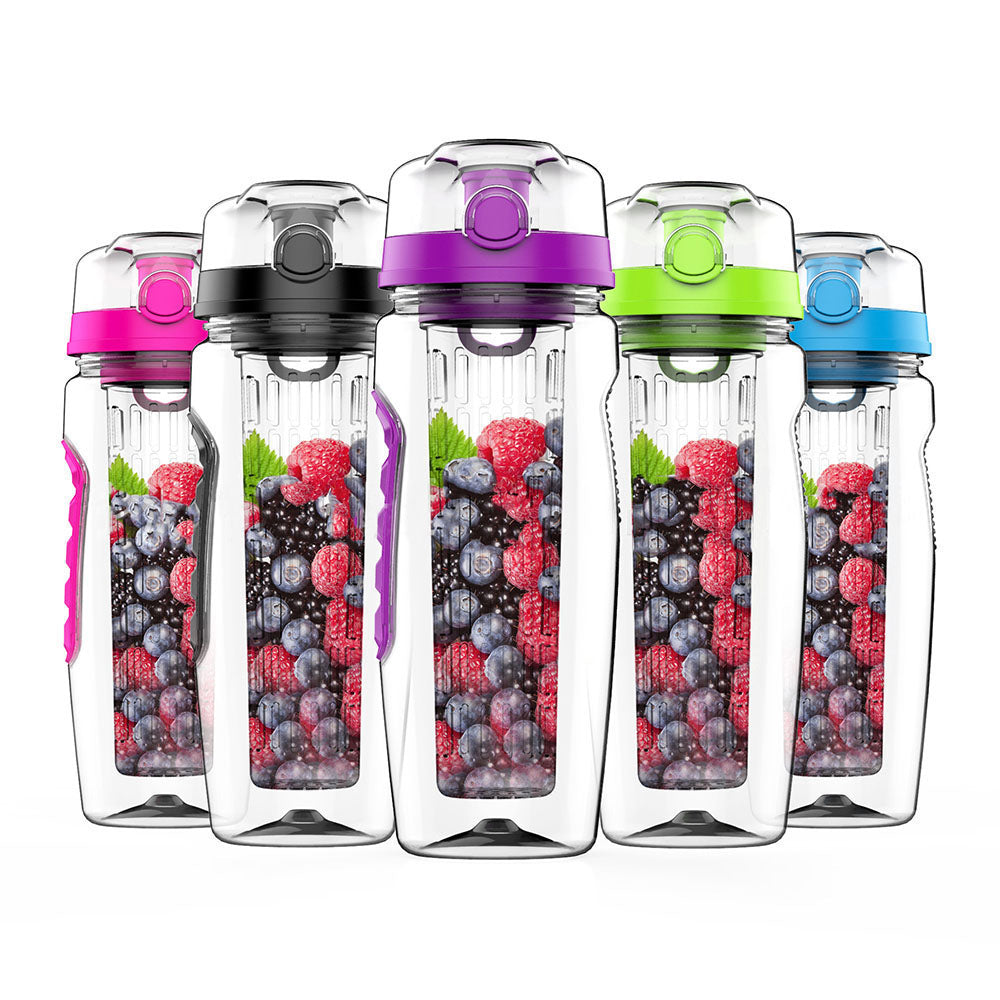 Free Fruit Infuser Juice Shaker Bottle in a vibrant color with removable fruit holder, showcasing its portable design and high-quality materials.