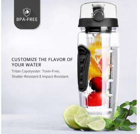 Free Fruit Infuser Juice Shaker Bottle in a vibrant color with removable fruit holder, showcasing its portable design and high-quality materials.