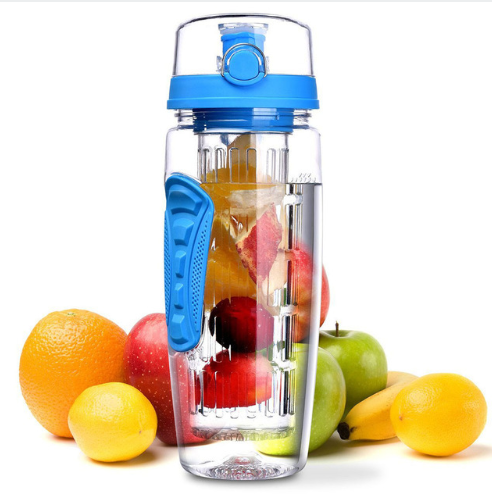 Free Fruit Infuser Juice Shaker Bottle in a vibrant color with removable fruit holder, showcasing its portable design and high-quality materials.