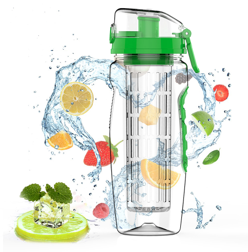 Free Fruit Infuser Juice Shaker Bottle in a vibrant color with removable fruit holder, showcasing its portable design and high-quality materials.