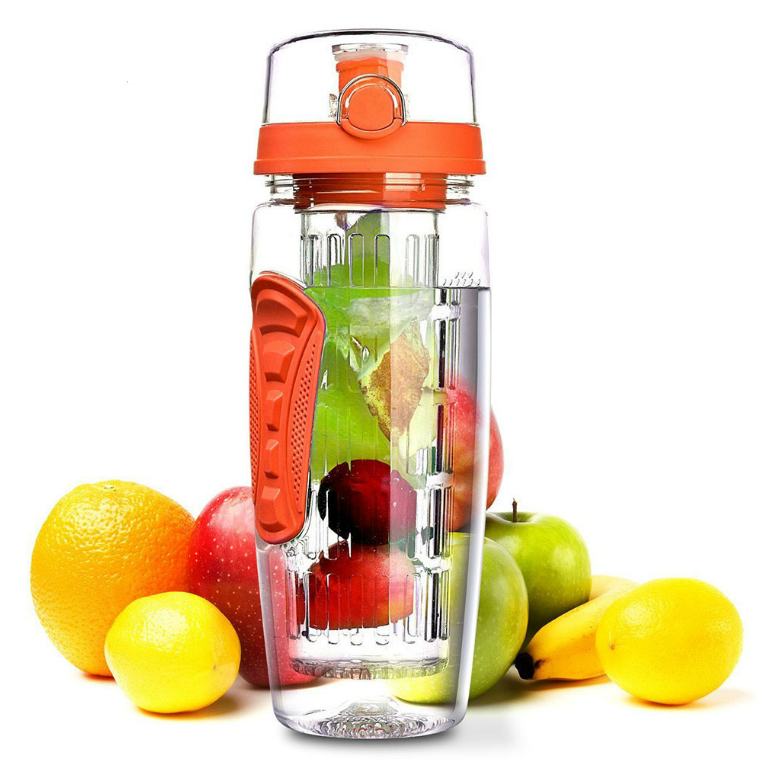 Free Fruit Infuser Juice Shaker Bottle in a vibrant color with removable fruit holder, showcasing its portable design and high-quality materials.