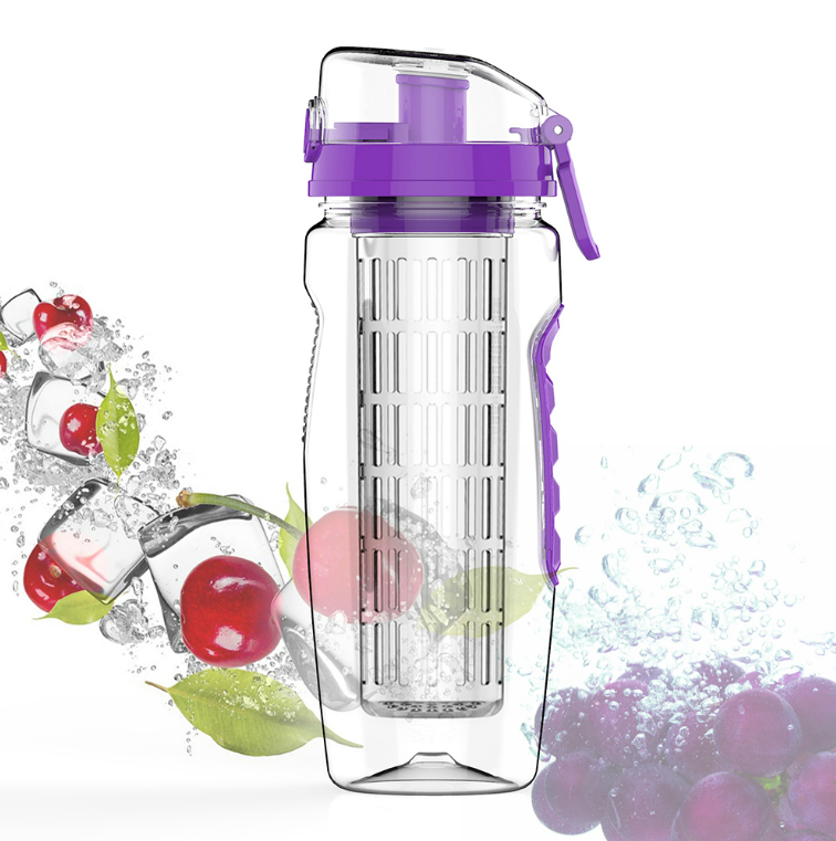 Free Fruit Infuser Juice Shaker Bottle in a vibrant color with removable fruit holder, showcasing its portable design and high-quality materials.