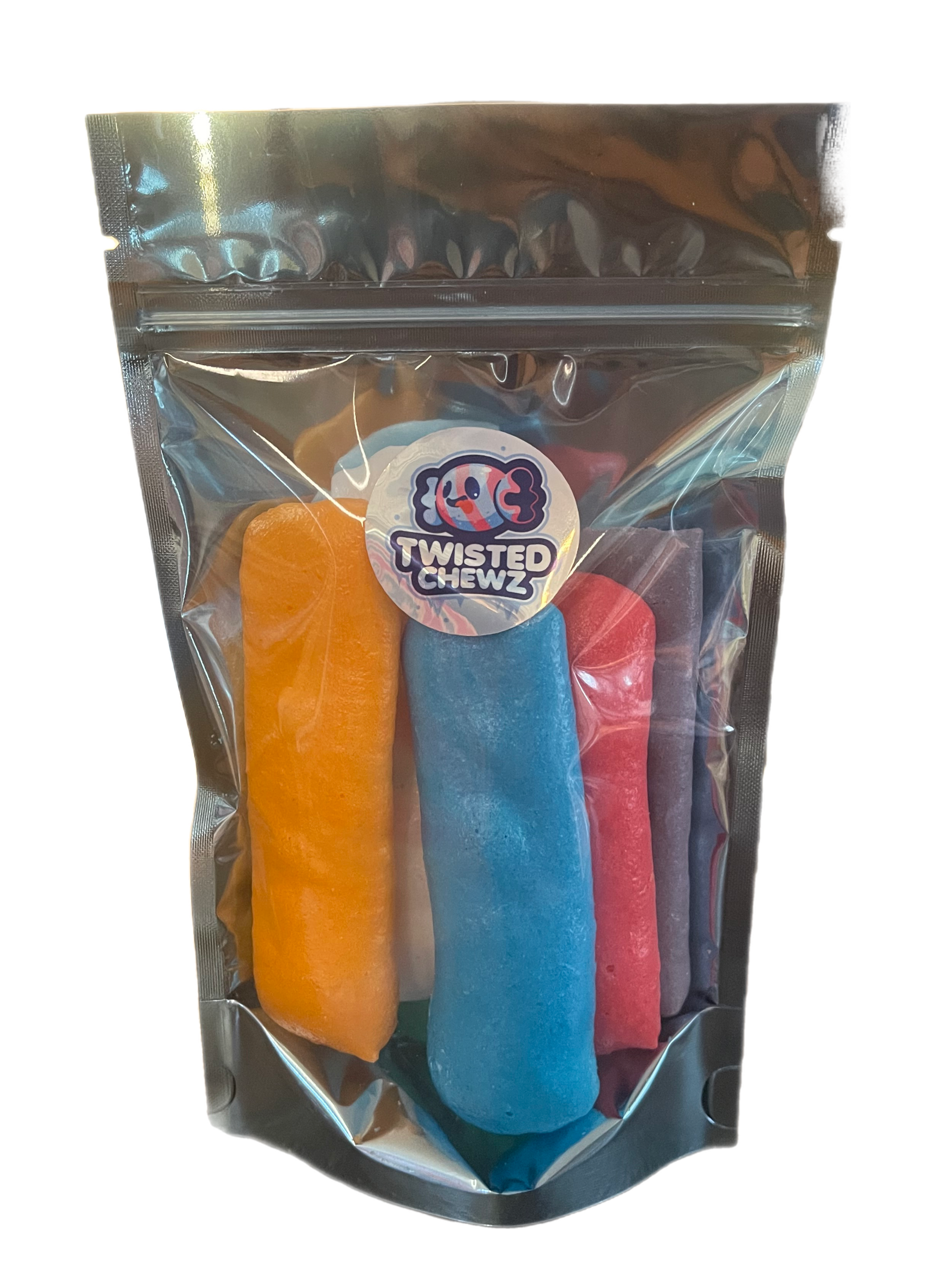 A bag of Freeze Dried AirHeadz showcasing colorful, crunchy candy pieces with a vibrant design.