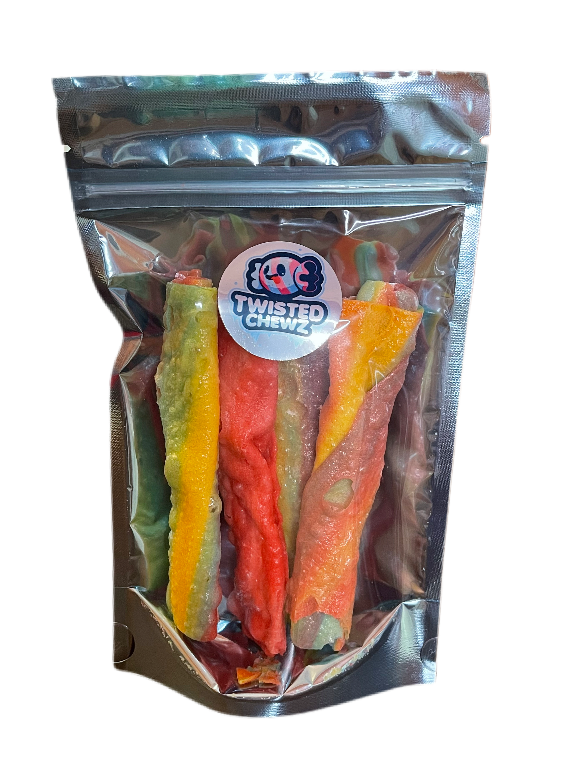 A colorful assortment of freeze dried fruit roll-ups in a 2oz package, showcasing vibrant fruit flavors.