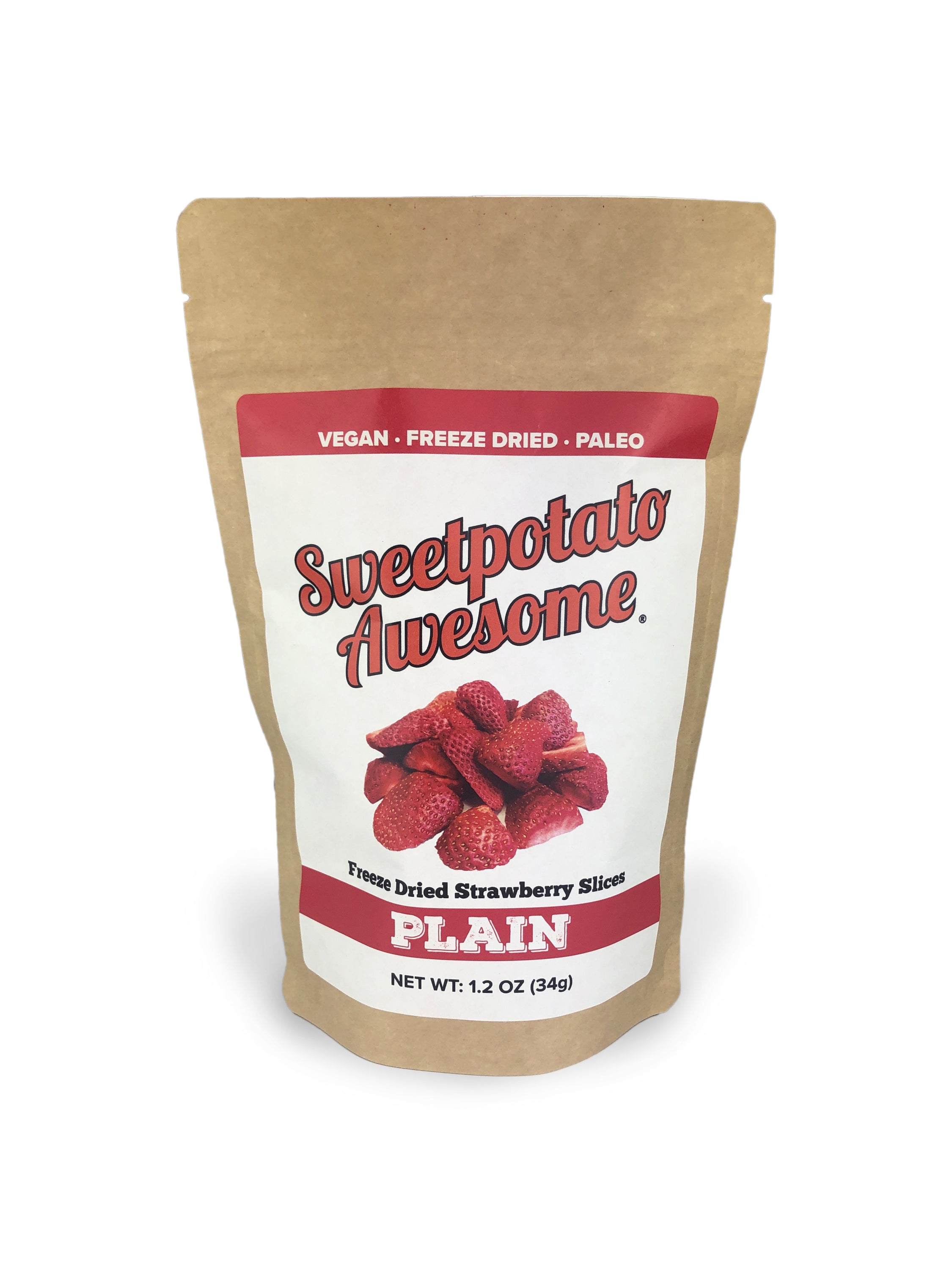 A resealable pouch of freeze dried strawberries showcasing vibrant red strawberries with a crunchy texture, perfect for snacking.