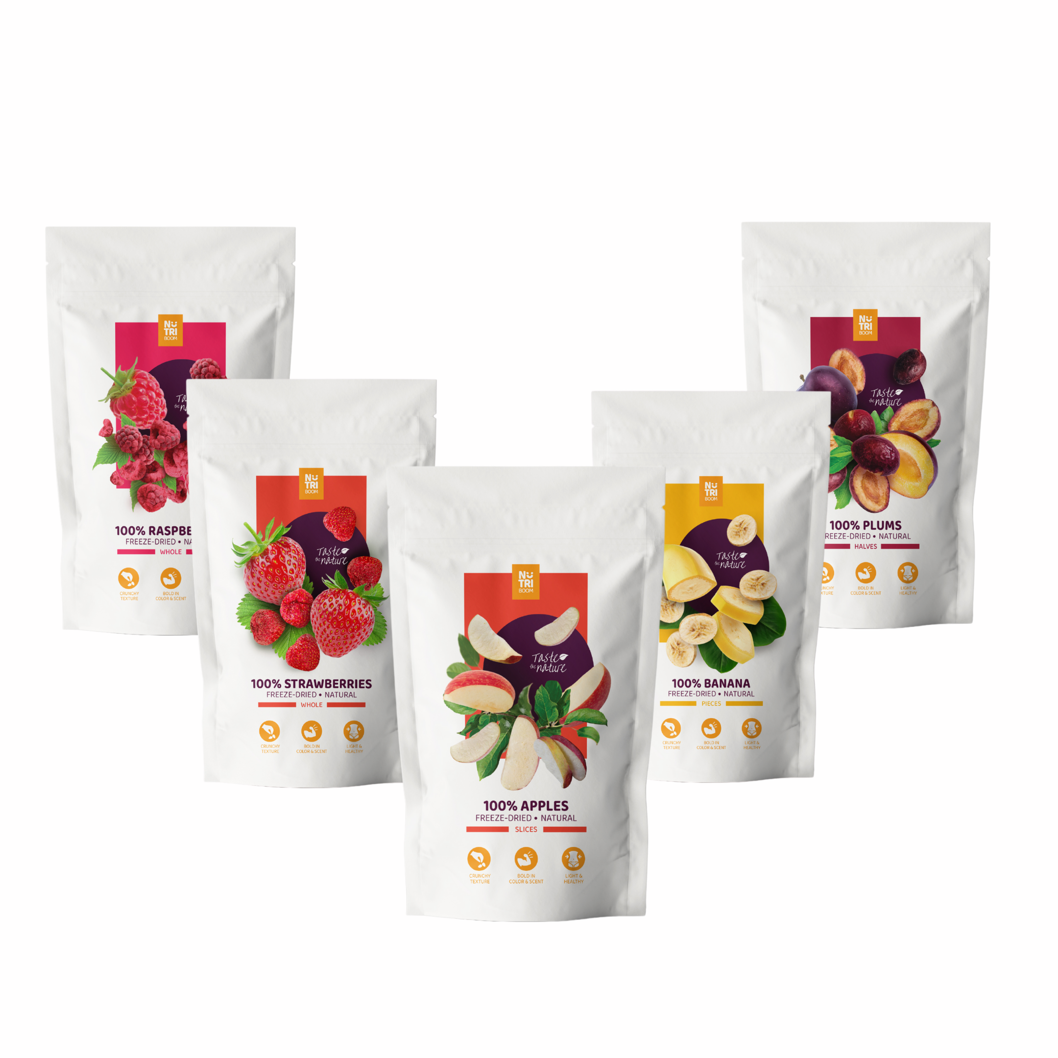 A colorful assortment of freeze-dried strawberries, bananas, apples, raspberries, and plums in 250ml packs, showcasing their vibrant colors and crunchy texture.