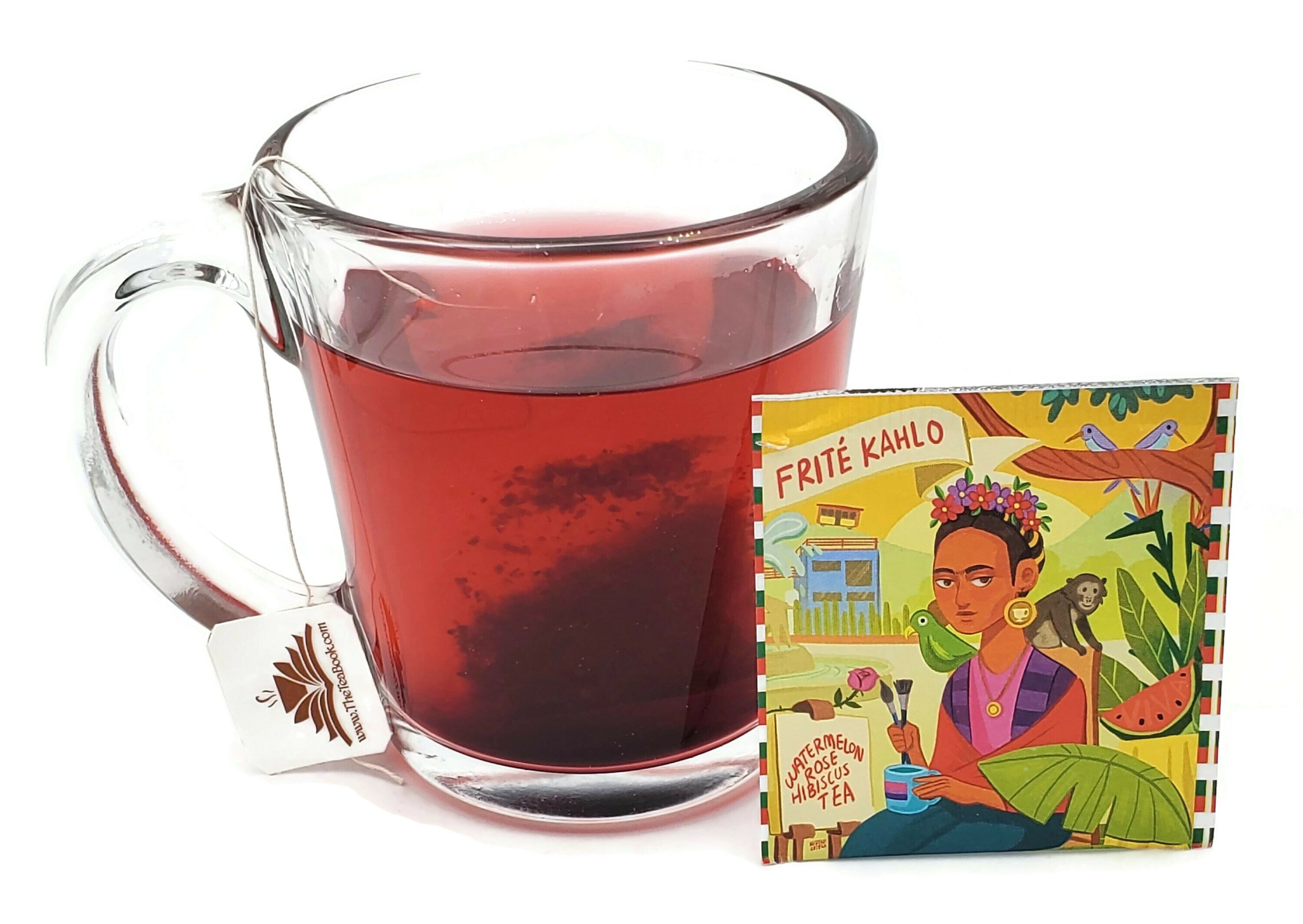 A beautifully designed tea pack of FriTÉ Khalo Watermelon Rose Hibiscus, featuring vibrant colors and artistic elements inspired by Frida Kahlo.