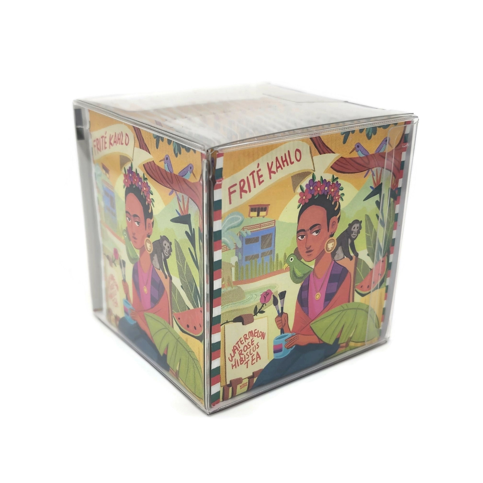 A beautifully designed tea pack of FriTÉ Khalo Watermelon Rose Hibiscus, featuring vibrant colors and artistic elements inspired by Frida Kahlo.