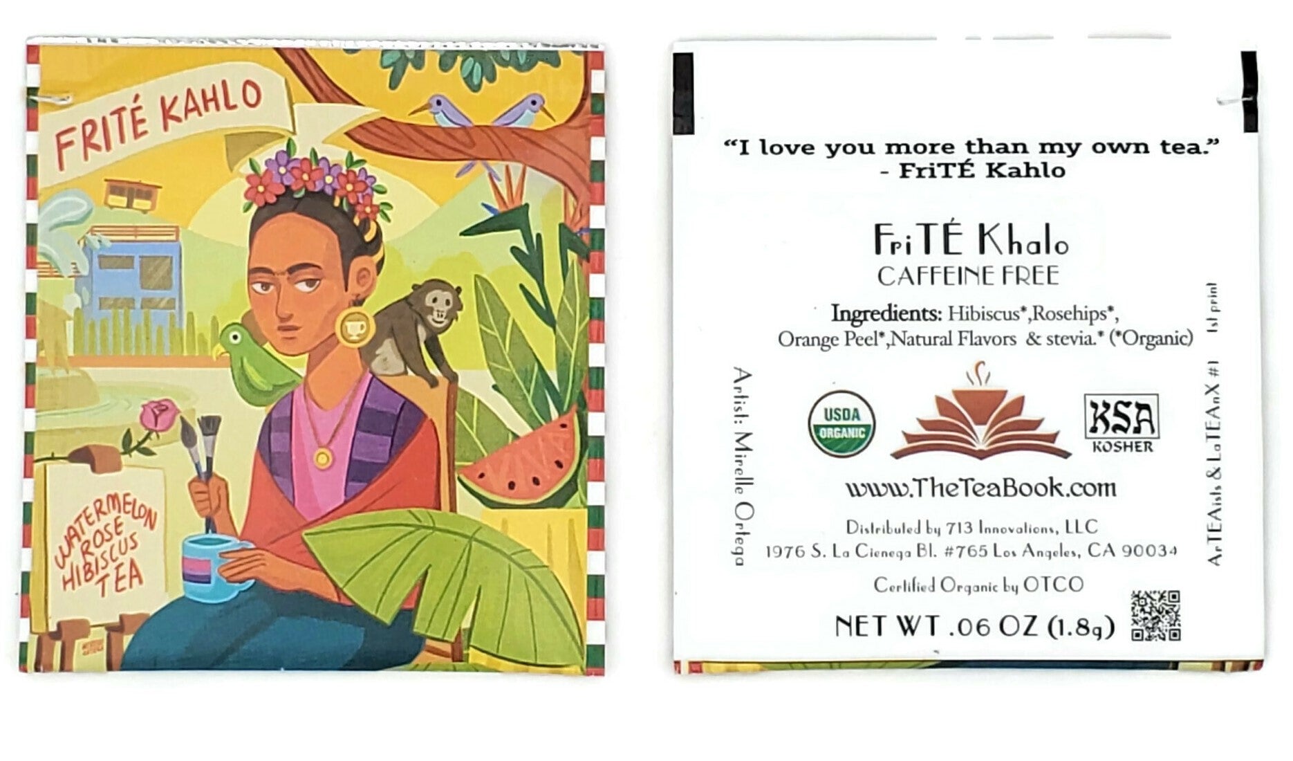 A beautifully designed tea pack of FriTÉ Khalo Watermelon Rose Hibiscus, featuring vibrant colors and artistic elements inspired by Frida Kahlo.