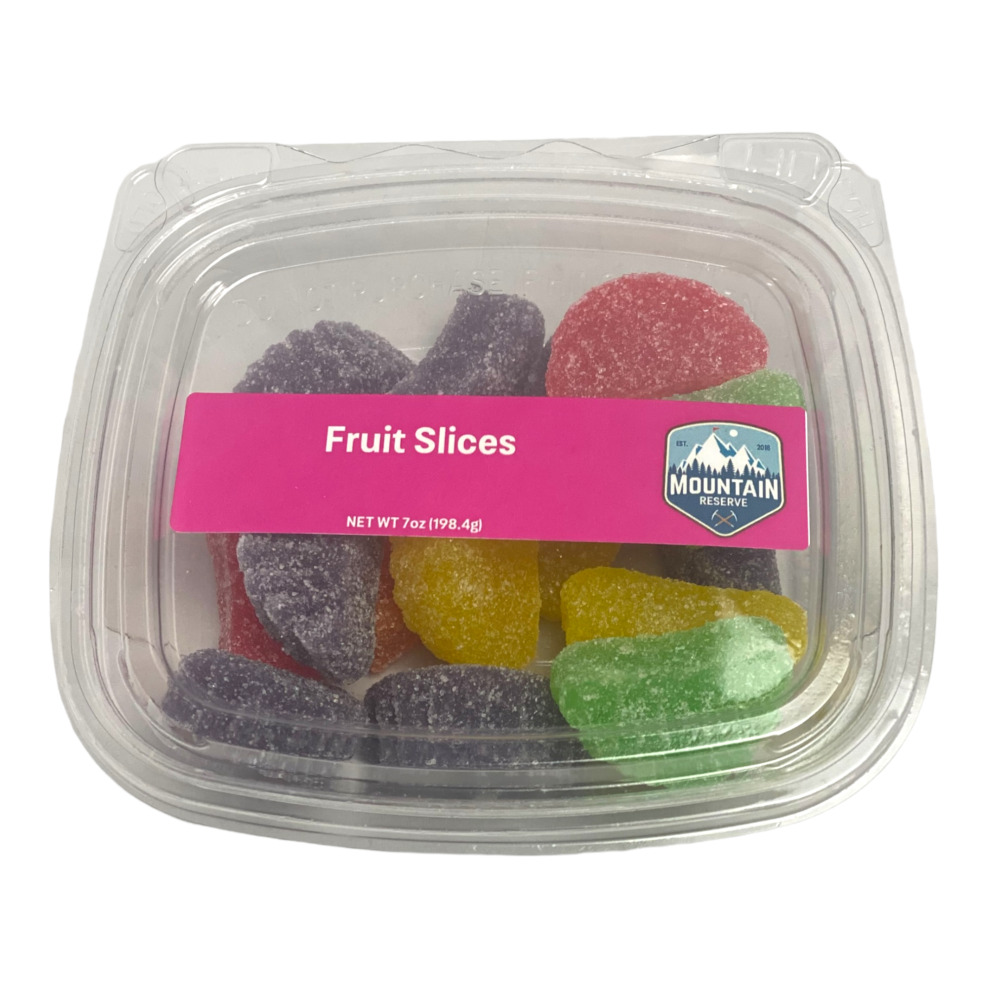 A 7oz container of colorful fruit slices, showcasing a variety of flavors including orange, strawberry, and lemon.