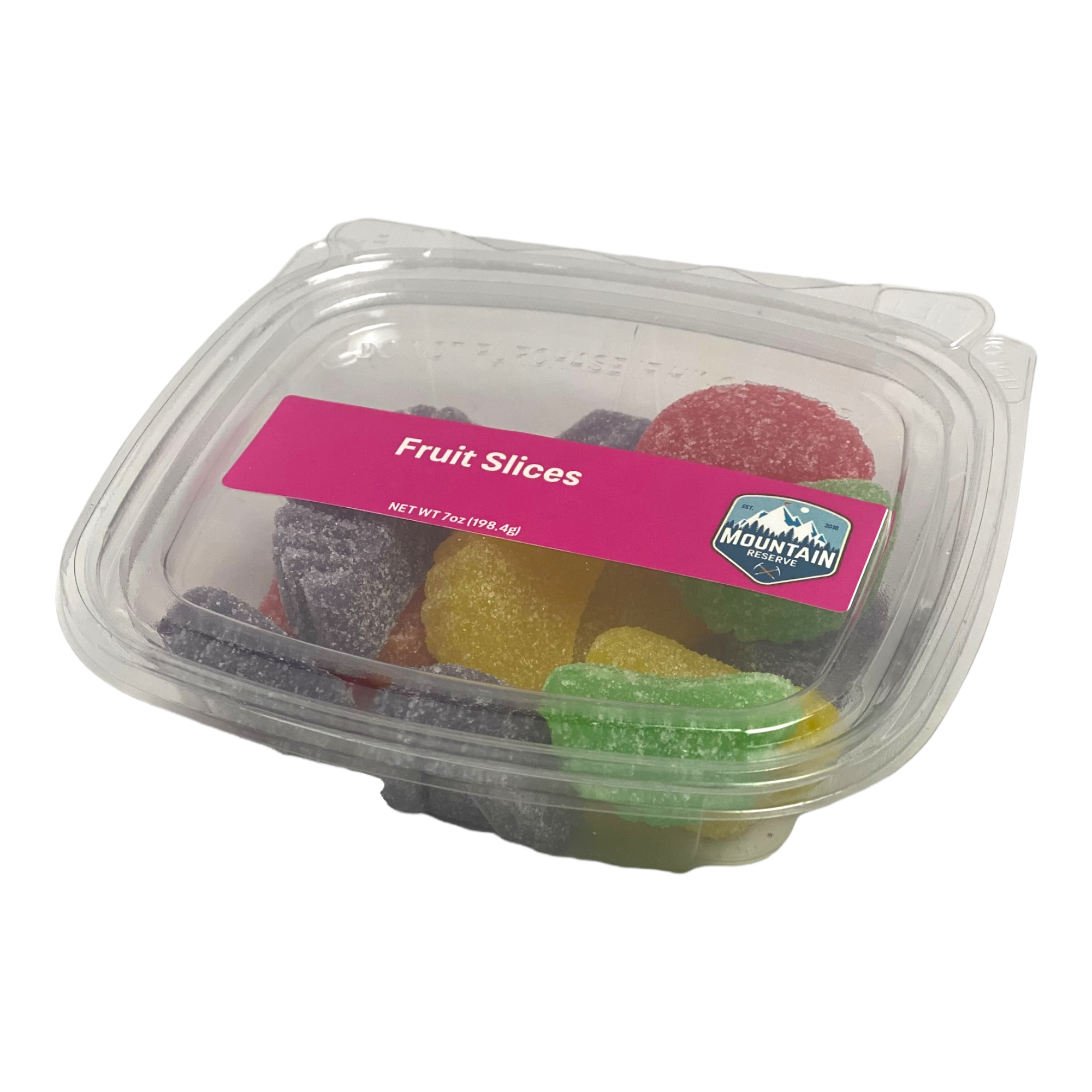 A 7oz container of colorful fruit slices, showcasing a variety of flavors including orange, strawberry, and lemon.