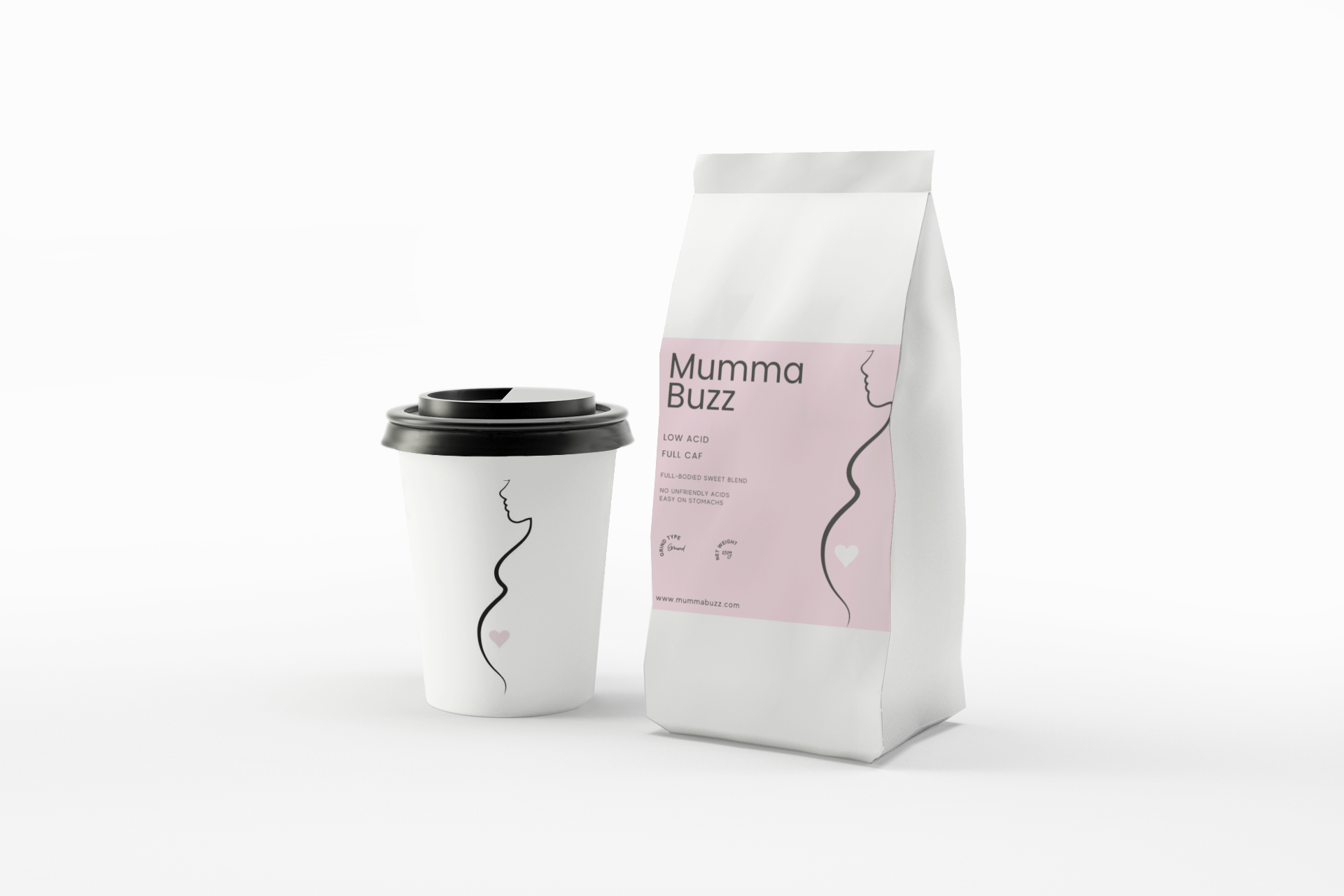 A bag of Mumma Buzz Full Caf Low-Acid Coffee featuring a rich blend of 100% Arabica beans, designed for sensitive stomachs.