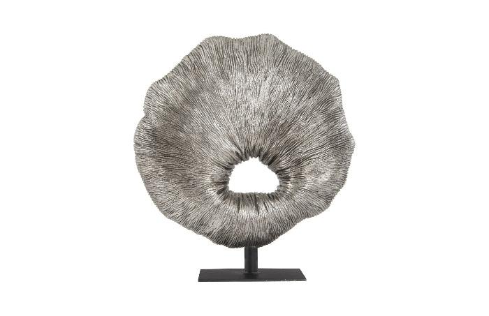 A detailed silver leaf Fungia sculpture showcasing intricate natural designs, crafted from resin, perfect for home decor.