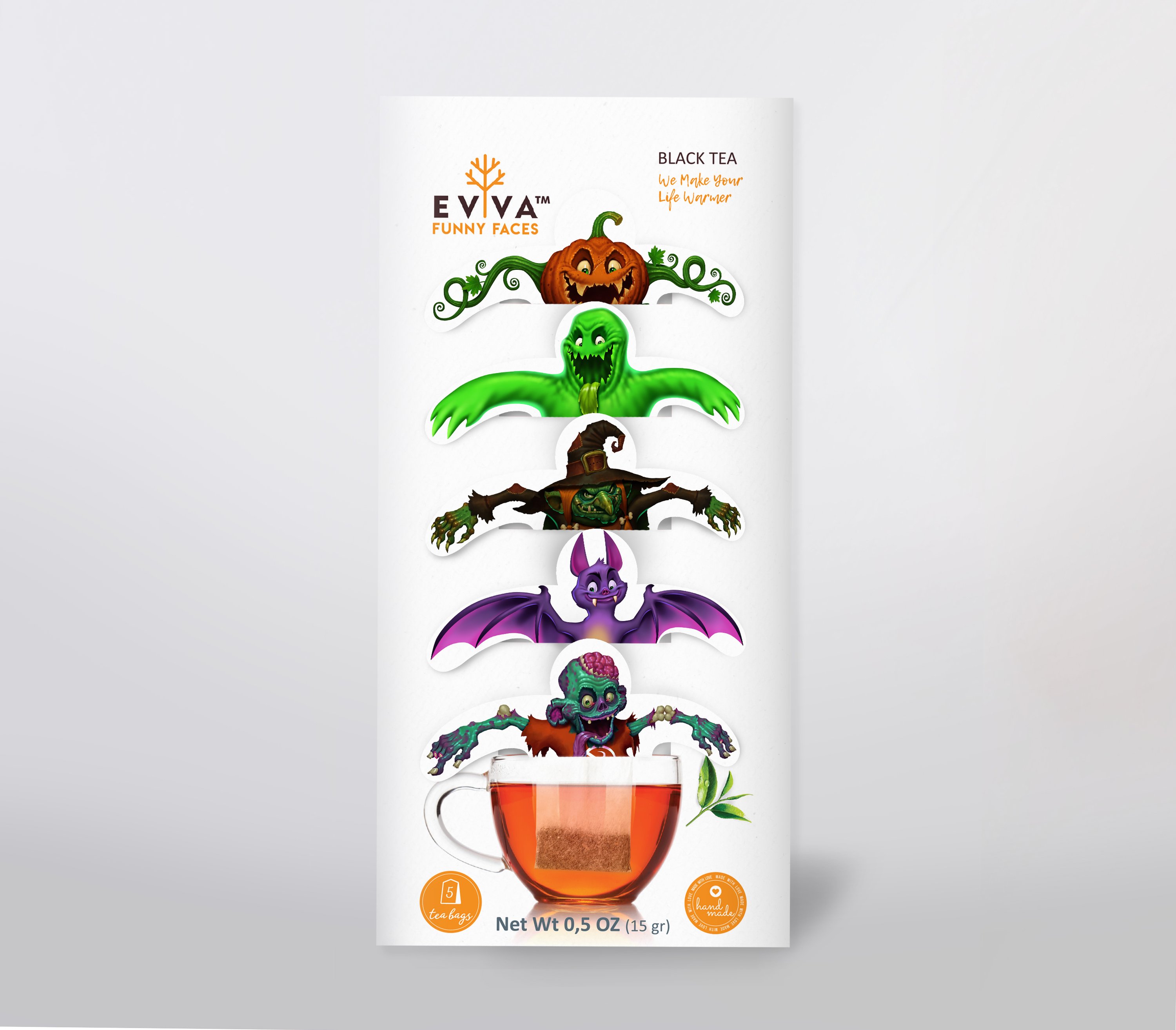 A whimsical assortment of Evva Funny Faces Tea sachets featuring playful caricatures, perfect for Halloween celebrations.