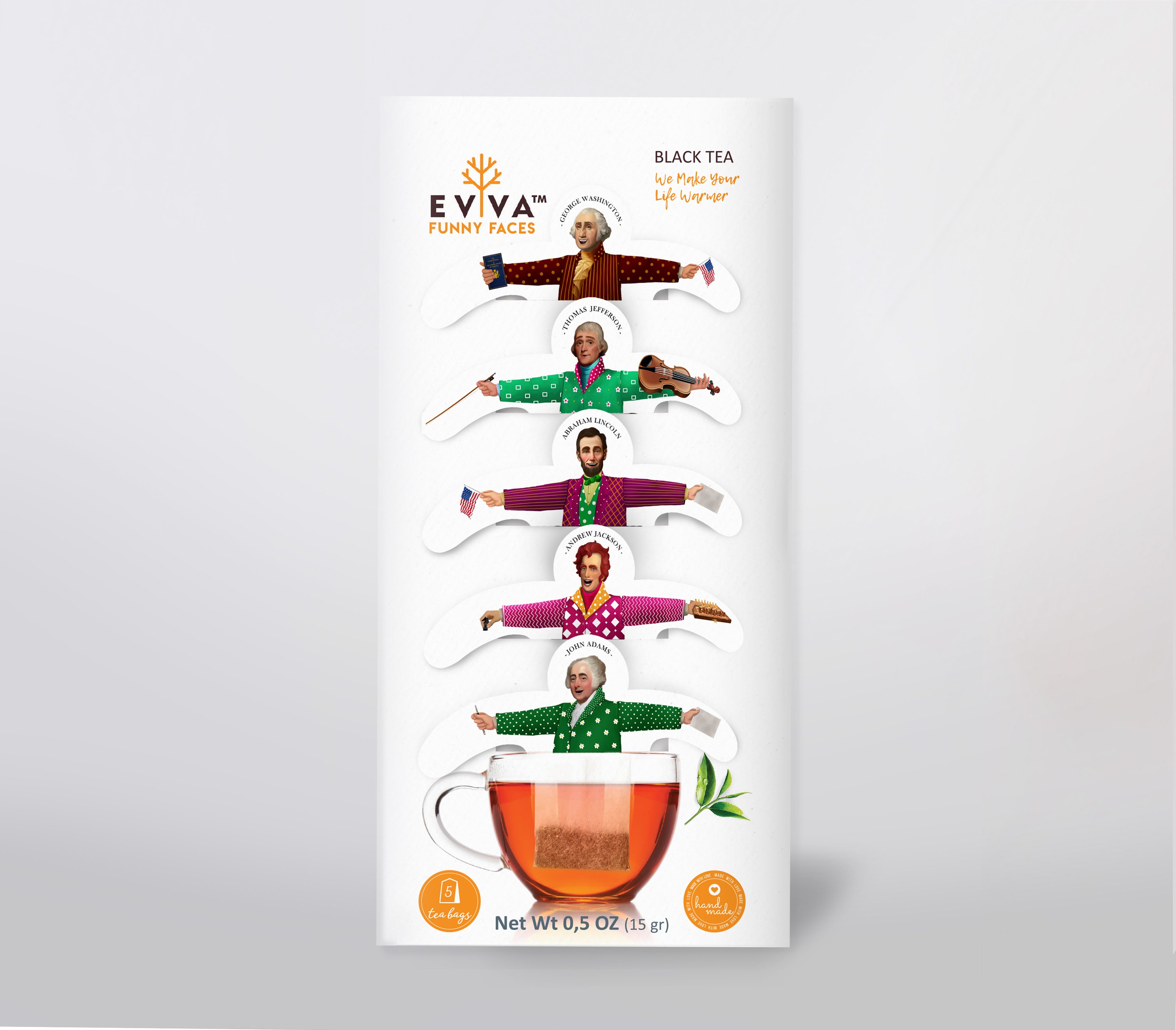 A colorful assortment of Evva Funny Faces Tea sachets featuring caricatures of various presidents, designed to rest on cup edges.