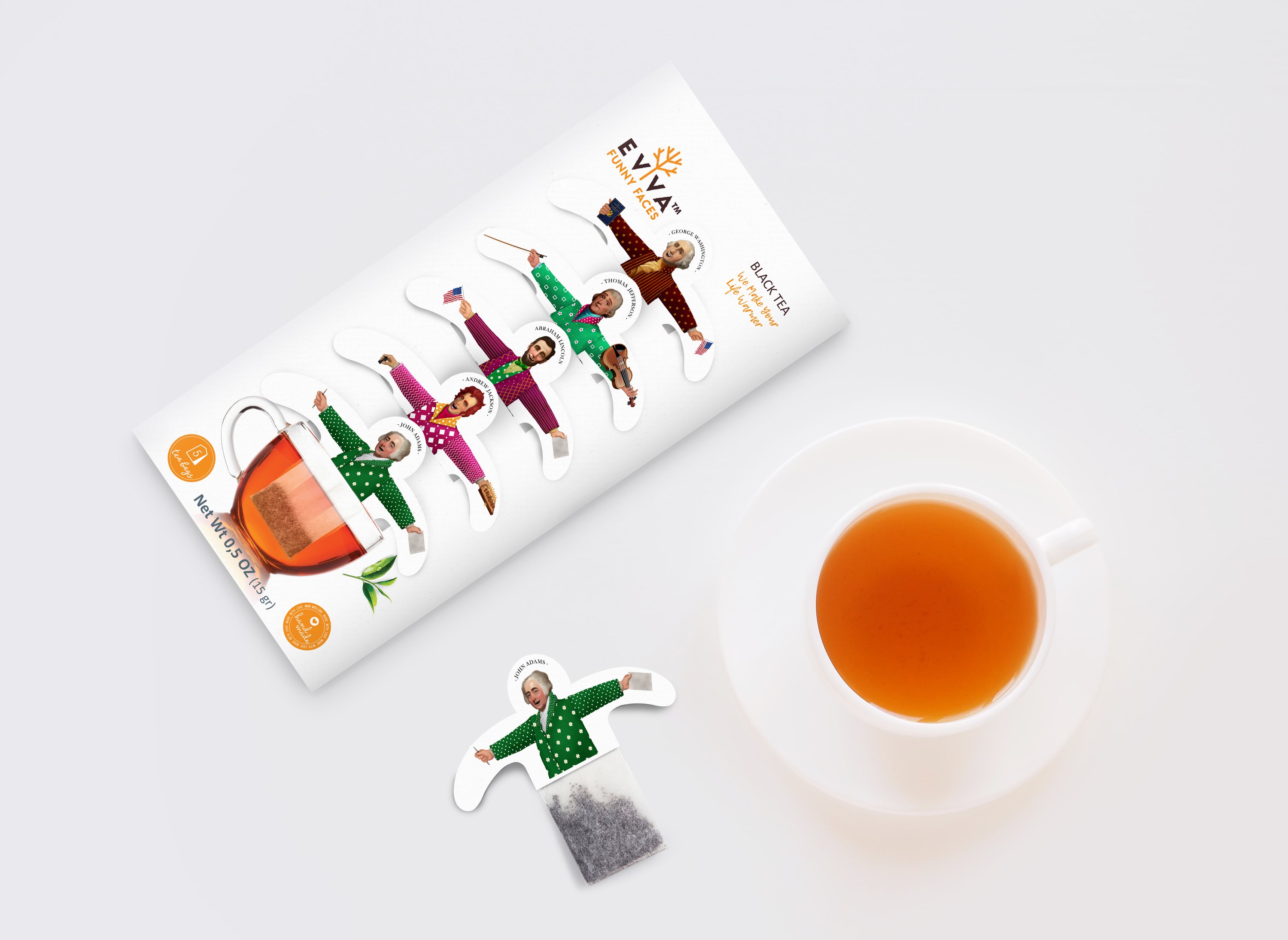 A colorful assortment of Evva Funny Faces Tea sachets featuring caricatures of various presidents, designed to rest on cup edges.