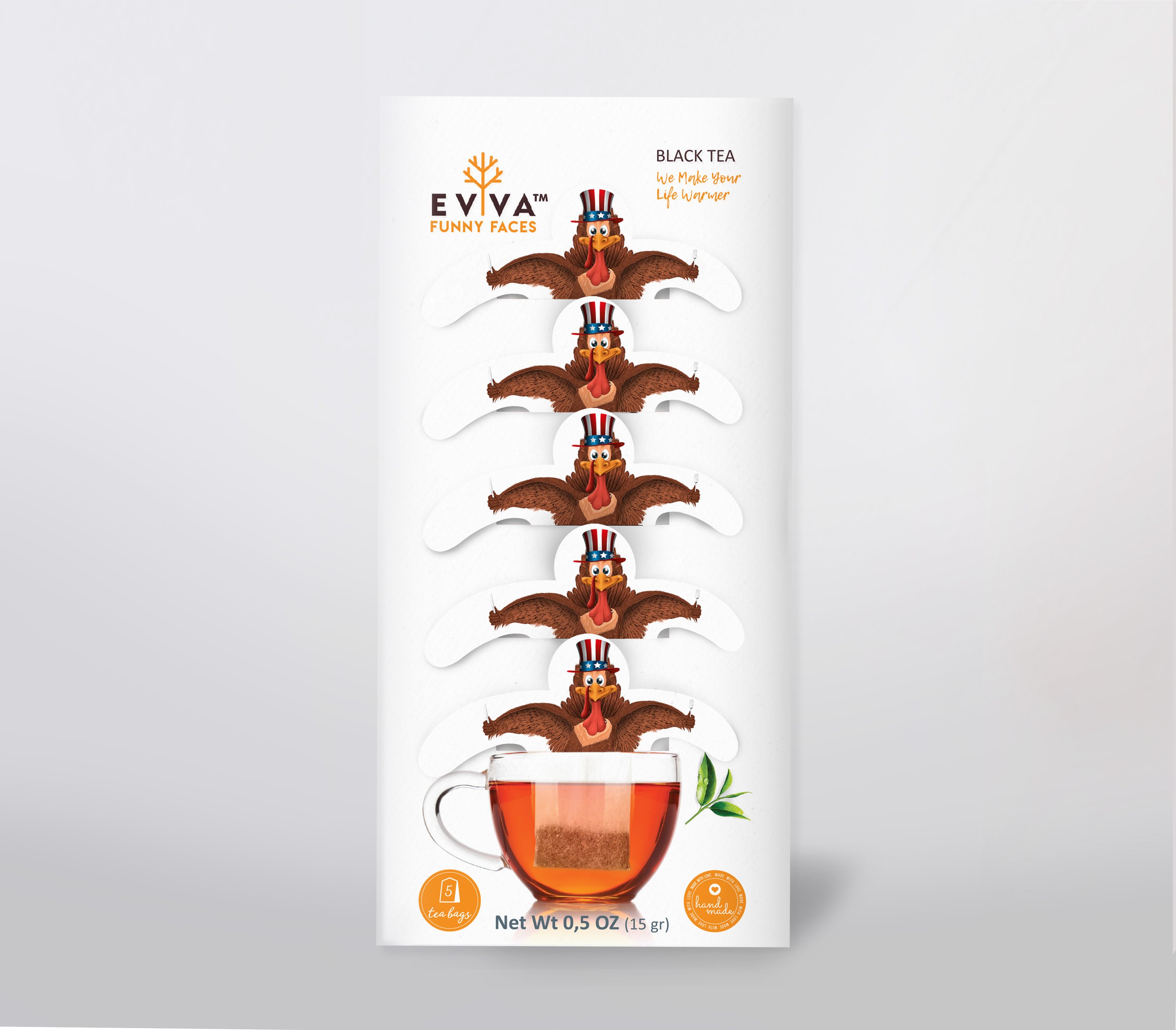 A colorful assortment of Evva Funny Faces Tea sachets featuring playful caricatures, perfect for Thanksgiving celebrations.