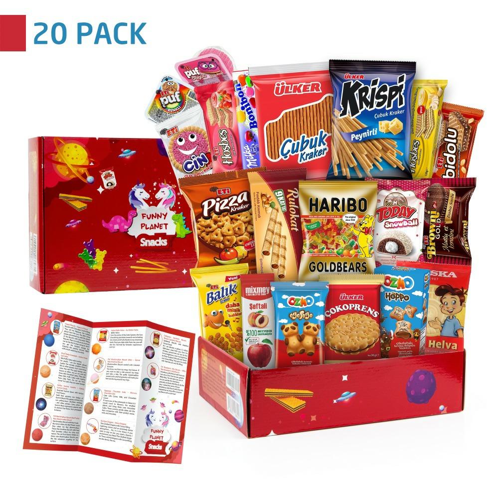 Funny Planet Snacks Pack Care Package featuring assorted snacks including cookies, chips, and candy, perfect for on-the-go snacking.