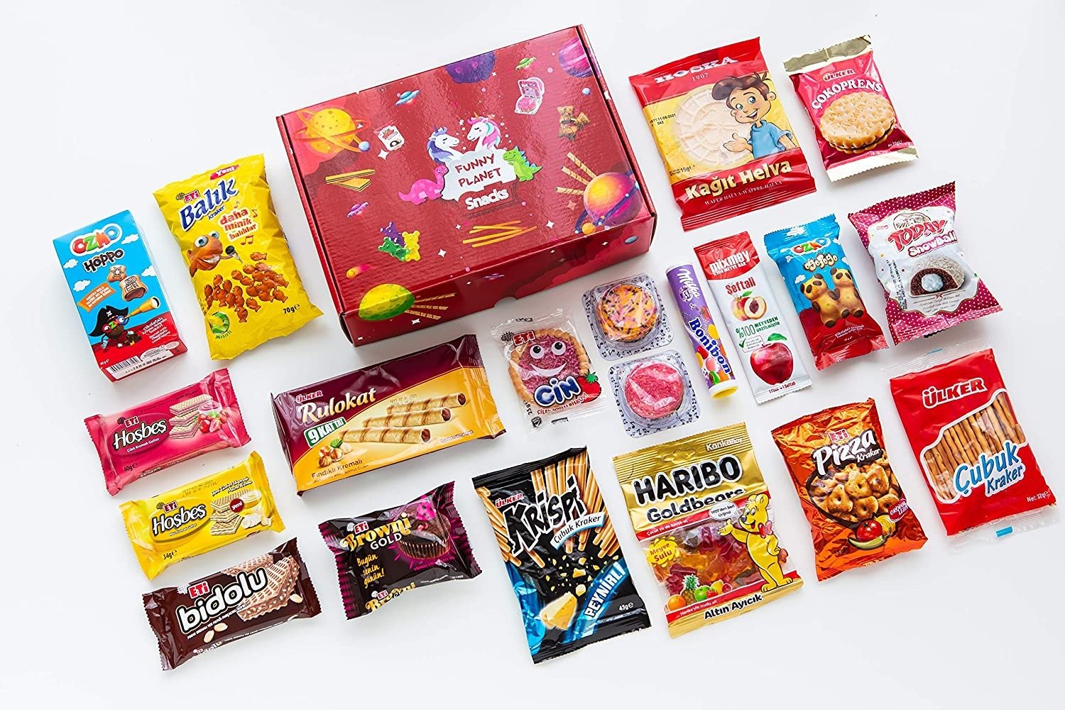 Funny Planet Snacks Pack Care Package featuring assorted snacks including cookies, chips, and candy, perfect for on-the-go snacking.