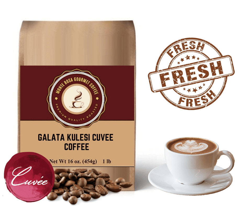 A bag of Galata Kulesi Cuvee Coffee featuring rich, earthy tones and a design inspired by the historic Galata Tower in Istanbul.