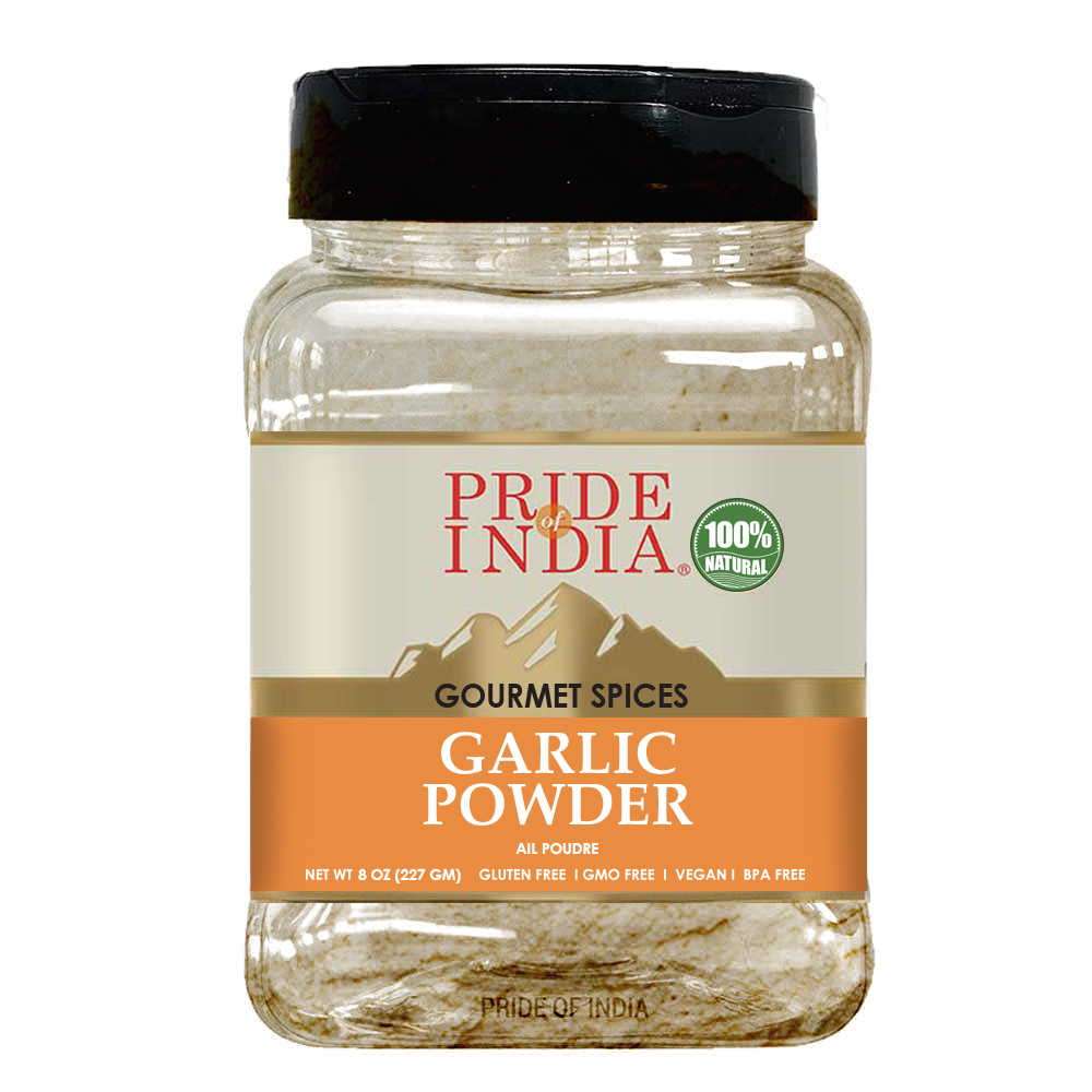 A package of Garlic Fine Ground - 8 oz, showcasing its fine texture and rich aroma, perfect for enhancing various dishes.