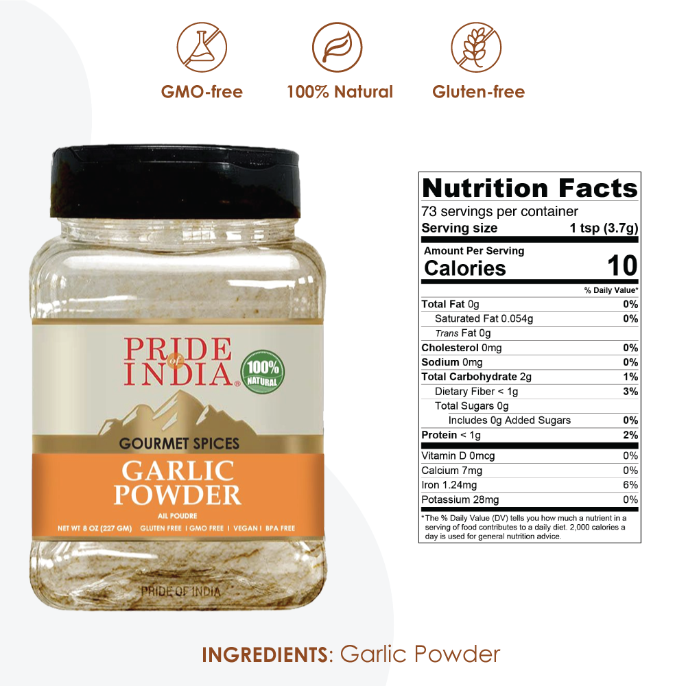 A package of Garlic Fine Ground - 8 oz, showcasing its fine texture and rich aroma, perfect for enhancing various dishes.