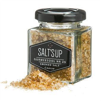 Gift box containing two gourmet salts: Hawaiian Alaea coarse salt and smoked coarse sea salt in elegant glass jars.