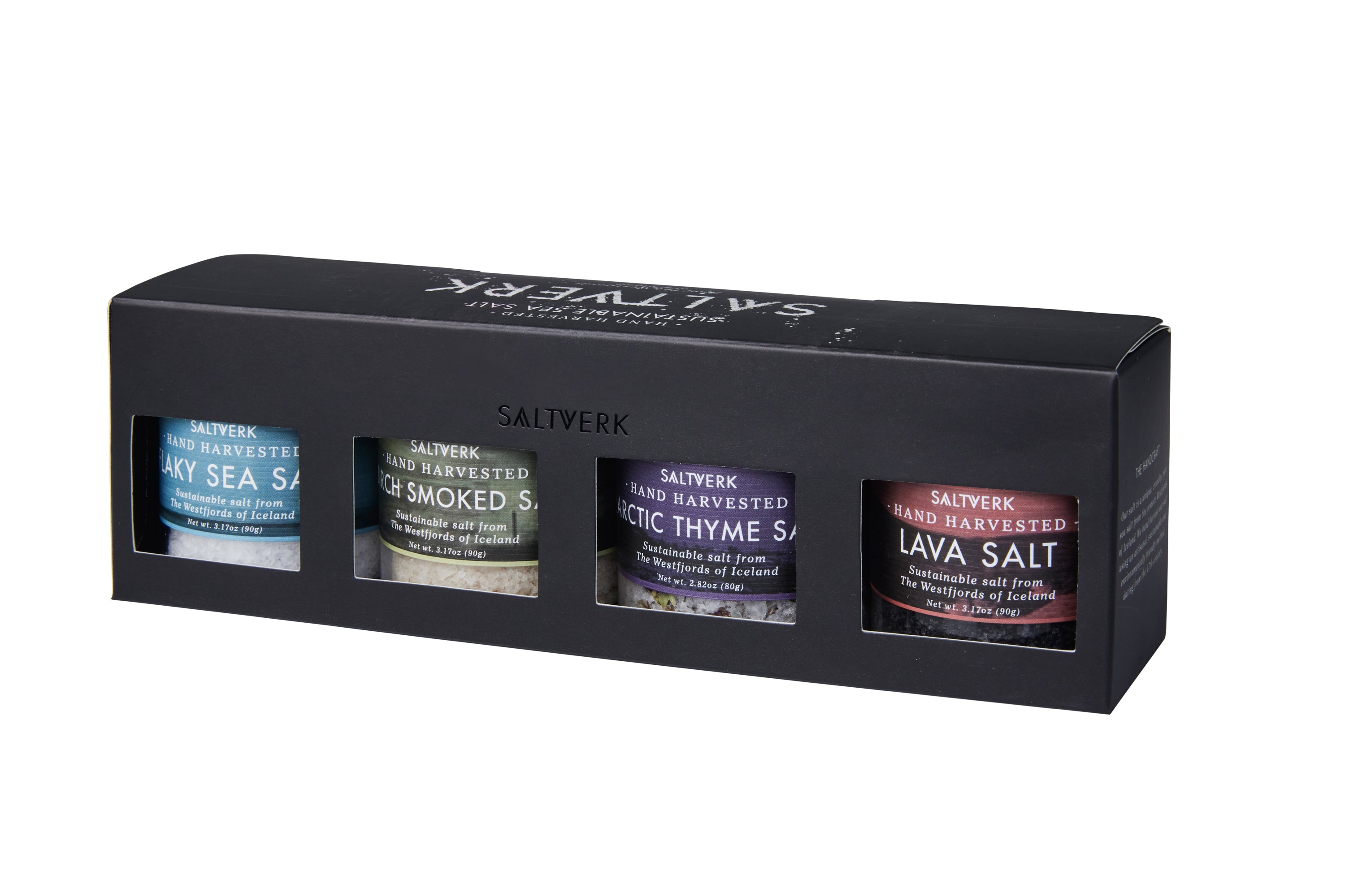 Gift box containing four types of gourmet salts: Pure, Birch, Arctic, and Lava, elegantly packaged for gifting.